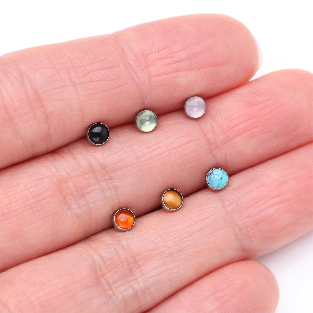 Implant Grade Titanium OneFit Threadless Bezel Tiger Eye Stone Flat Back Labret - Image 4