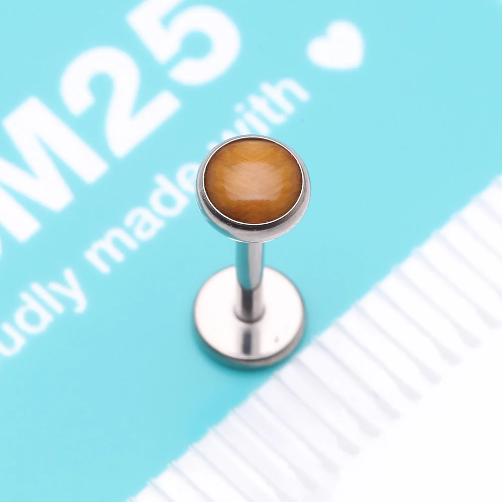 Implant Grade Titanium OneFit Threadless Bezel Tiger Eye Stone Flat Back Labret - Image 5