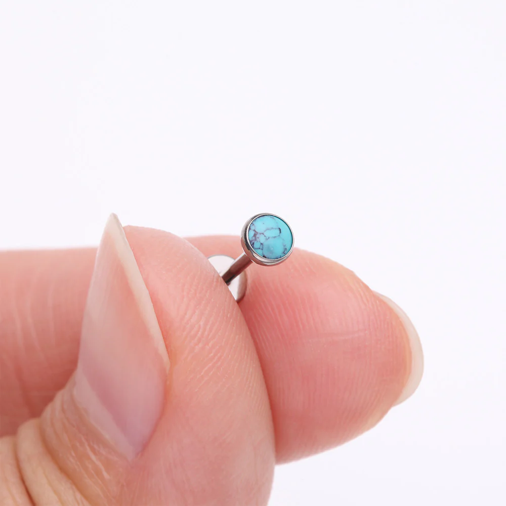 Implant Grade Titanium OneFit Threadless Bezel Turquoise Stone Flat Back Labret - Image 3