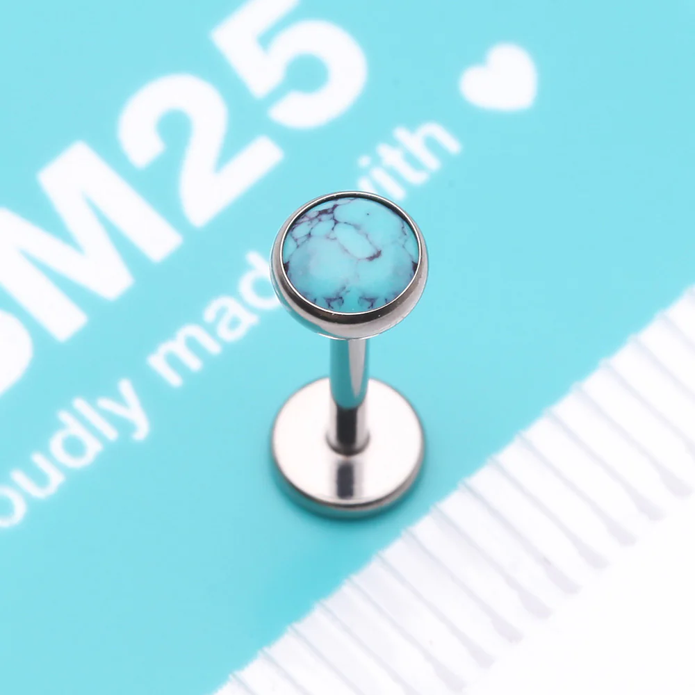 Implant Grade Titanium OneFit Threadless Bezel Turquoise Stone Flat Back Labret - Image 5