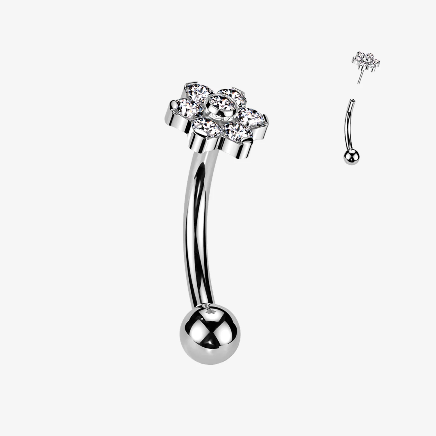 Implant Grade Titanium OneFit Threadless Brilliant Flower Sparkle Top Curved Barbell