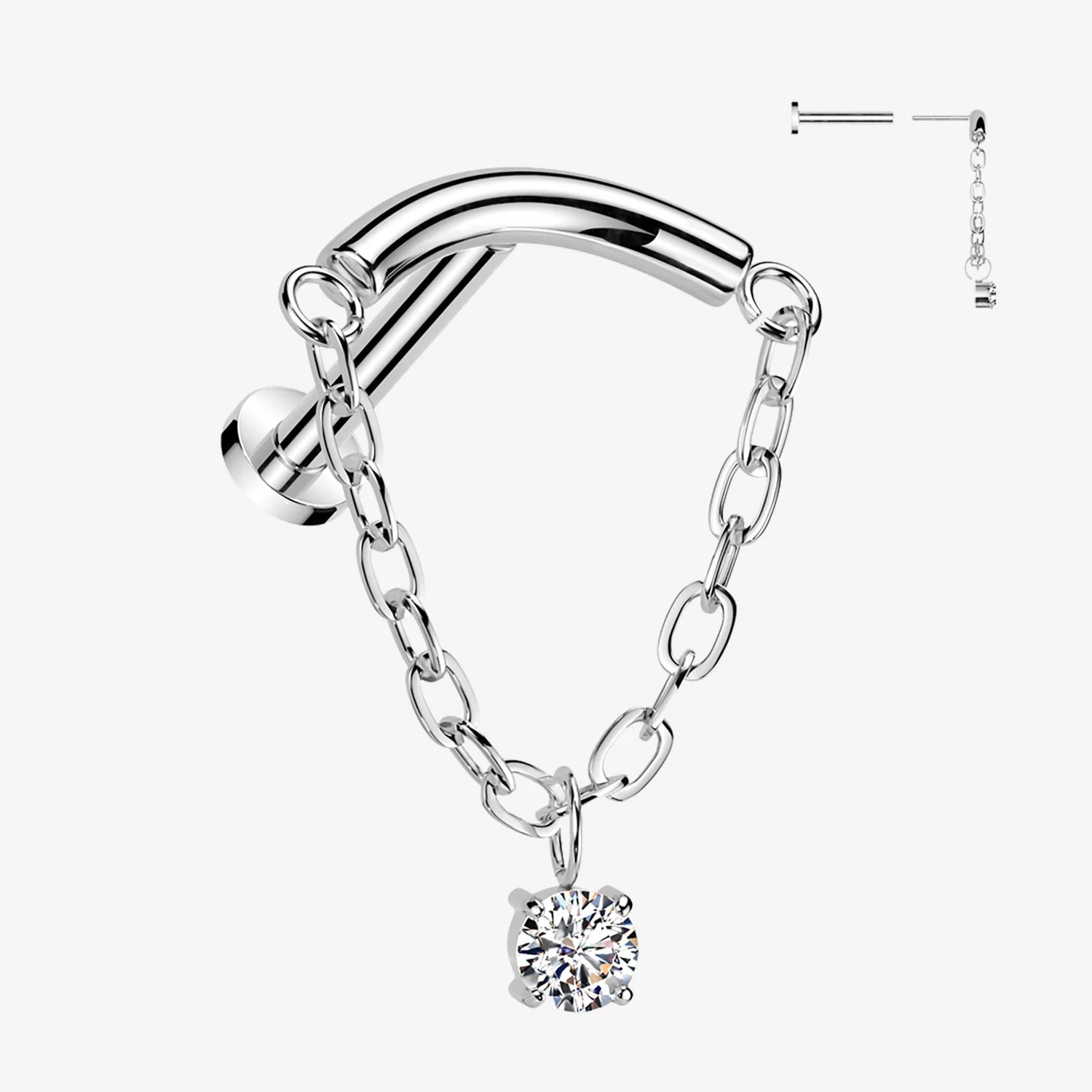 Implant Grade Titanium OneFit Threadless Chained Curved Bar Sparkle Top Flat Back Labret