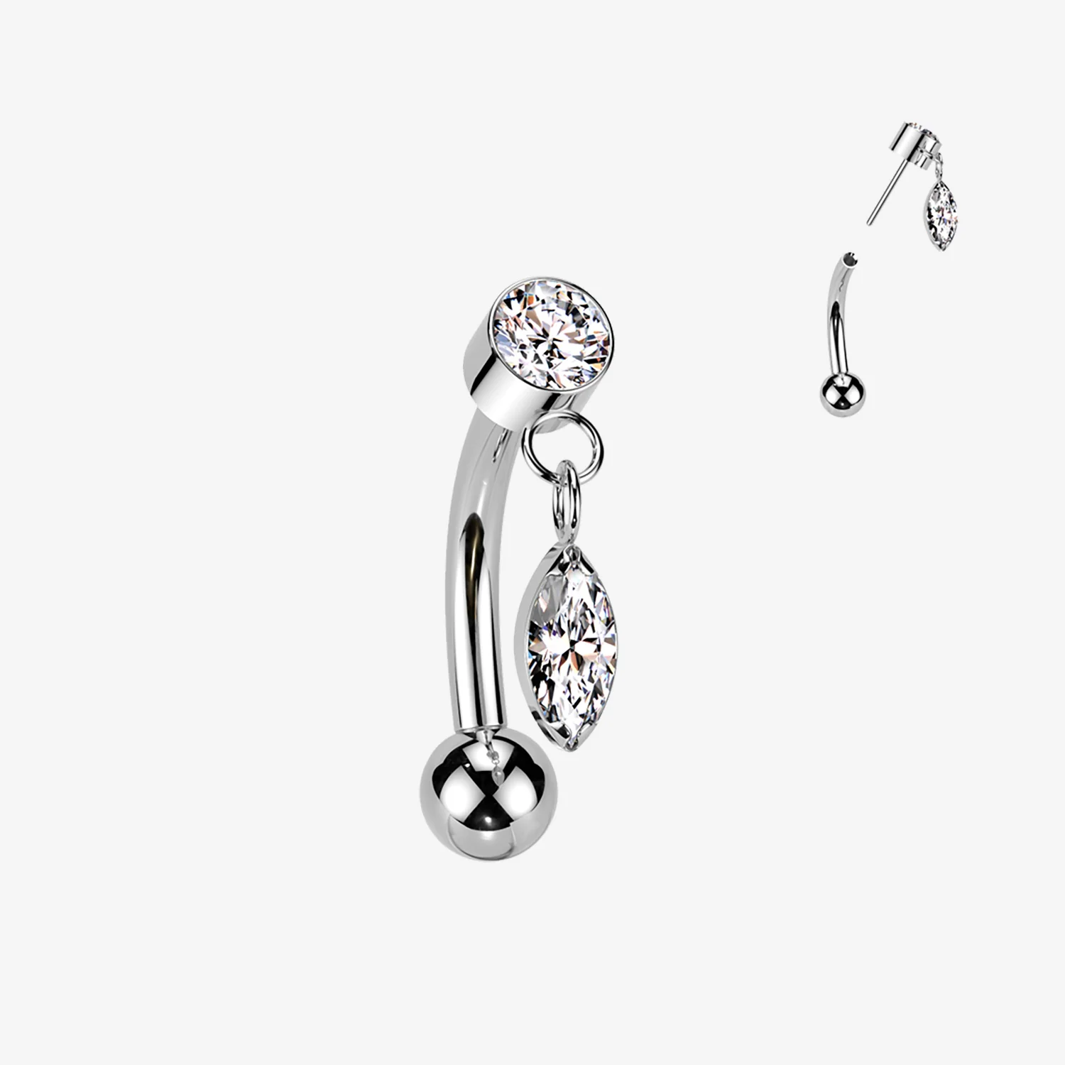 Implant Grade Titanium OneFit Threadless Gem Sparkle Marquise Dangle Top Curved Barbell