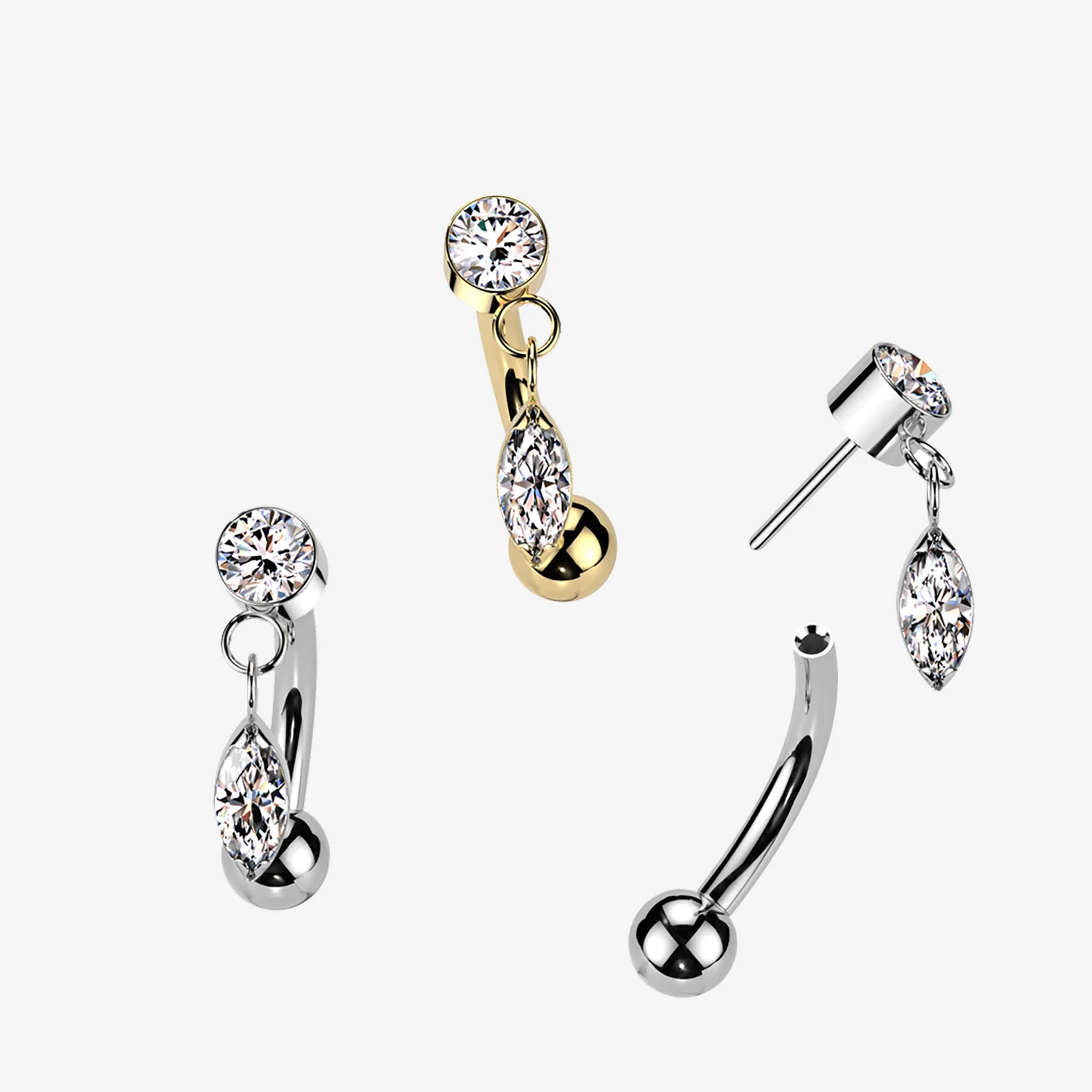 Implant Grade Titanium OneFit Threadless Gem Sparkle Marquise Dangle Top Curved Barbell - Image 2