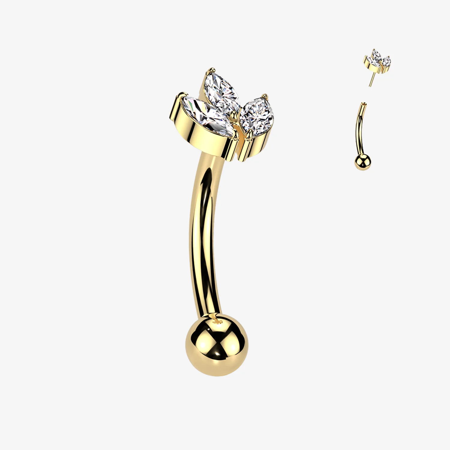 Implant Grade Titanium OneFit Threadless Golden Marquise Flower Sparkle Top Curved Barbell