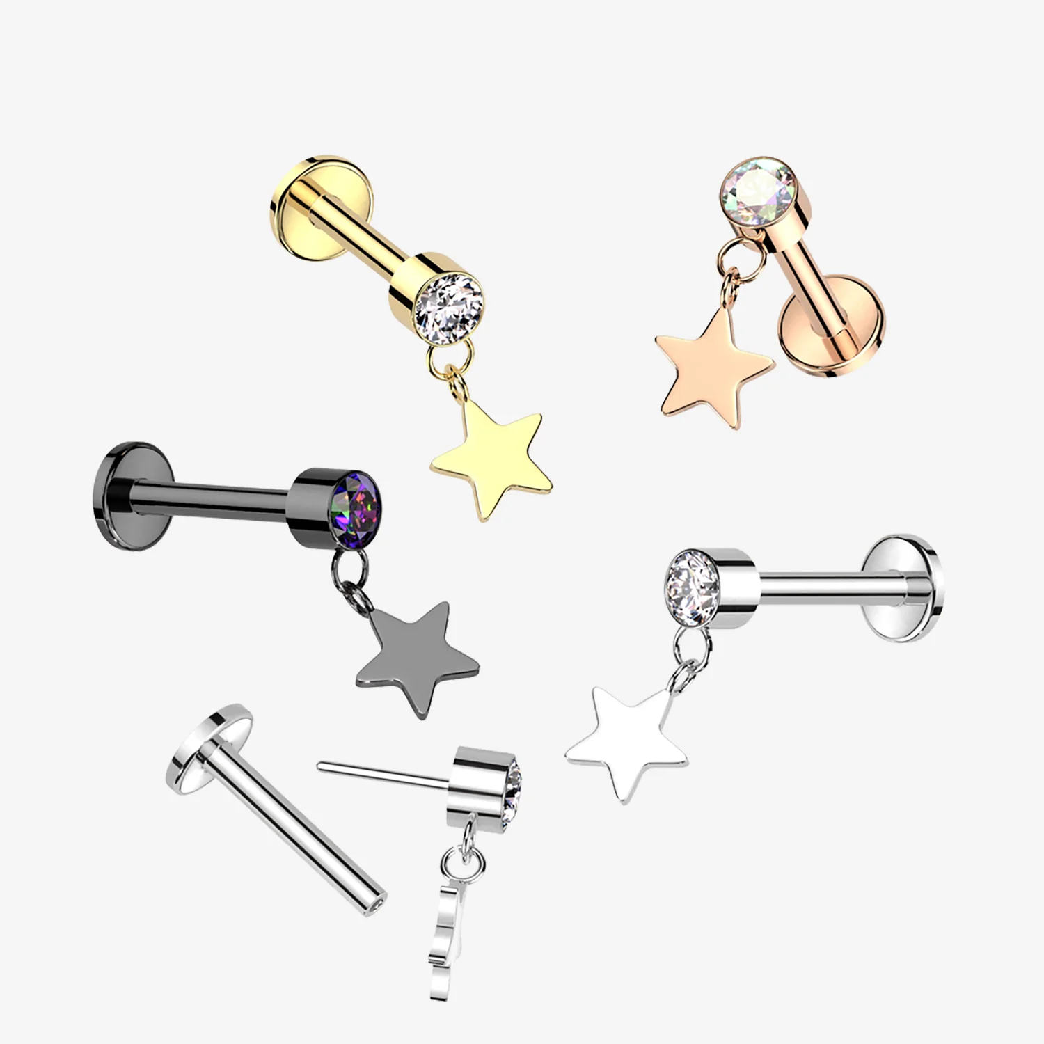 Implant Grade Titanium OneFit Threadless Golden Sparkle Dangle Star Top Flat Back Labret - Image 2
