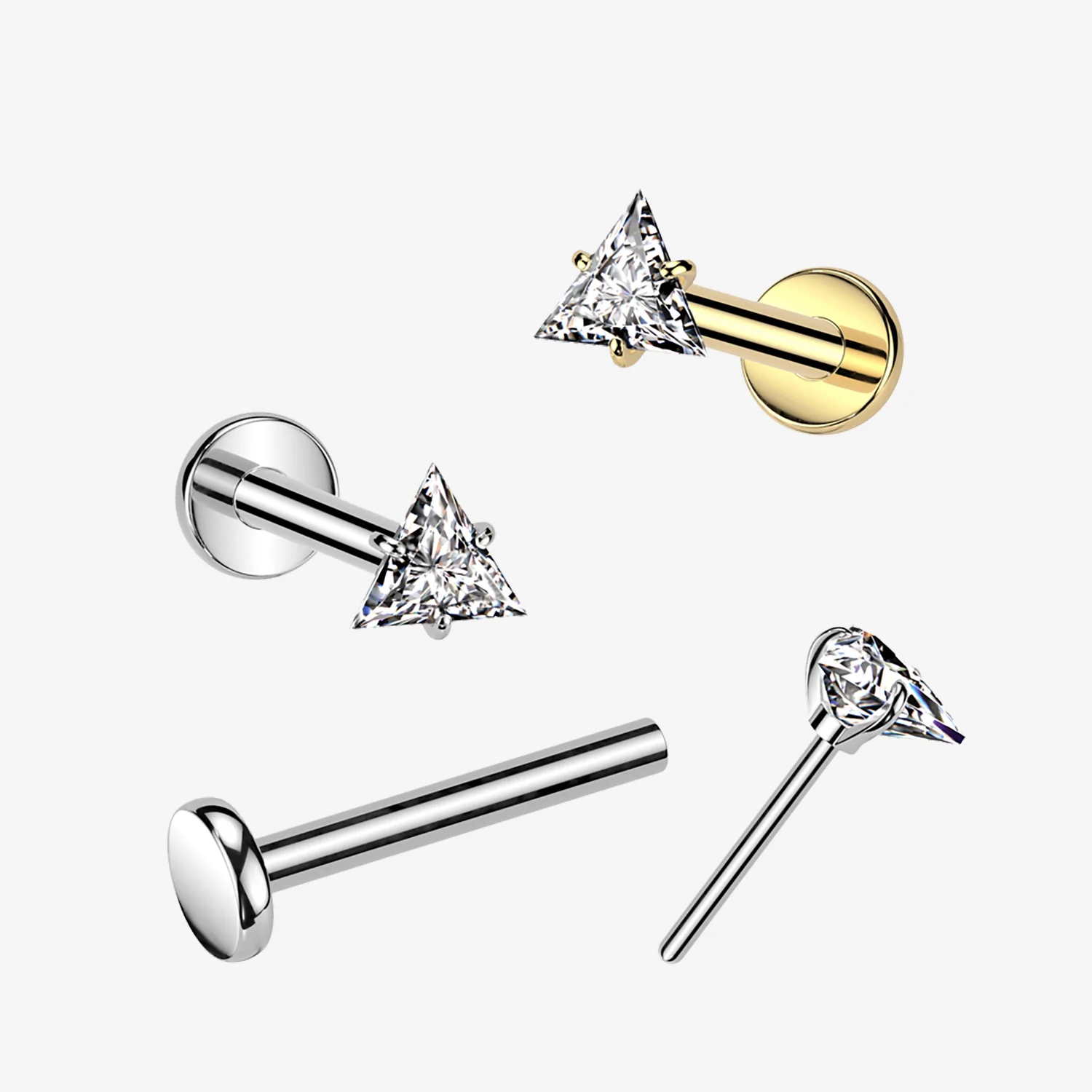 Implant Grade Titanium OneFit Threadless Golden Triangle Gem Sparkle Top Flat Back Labret - Image 2