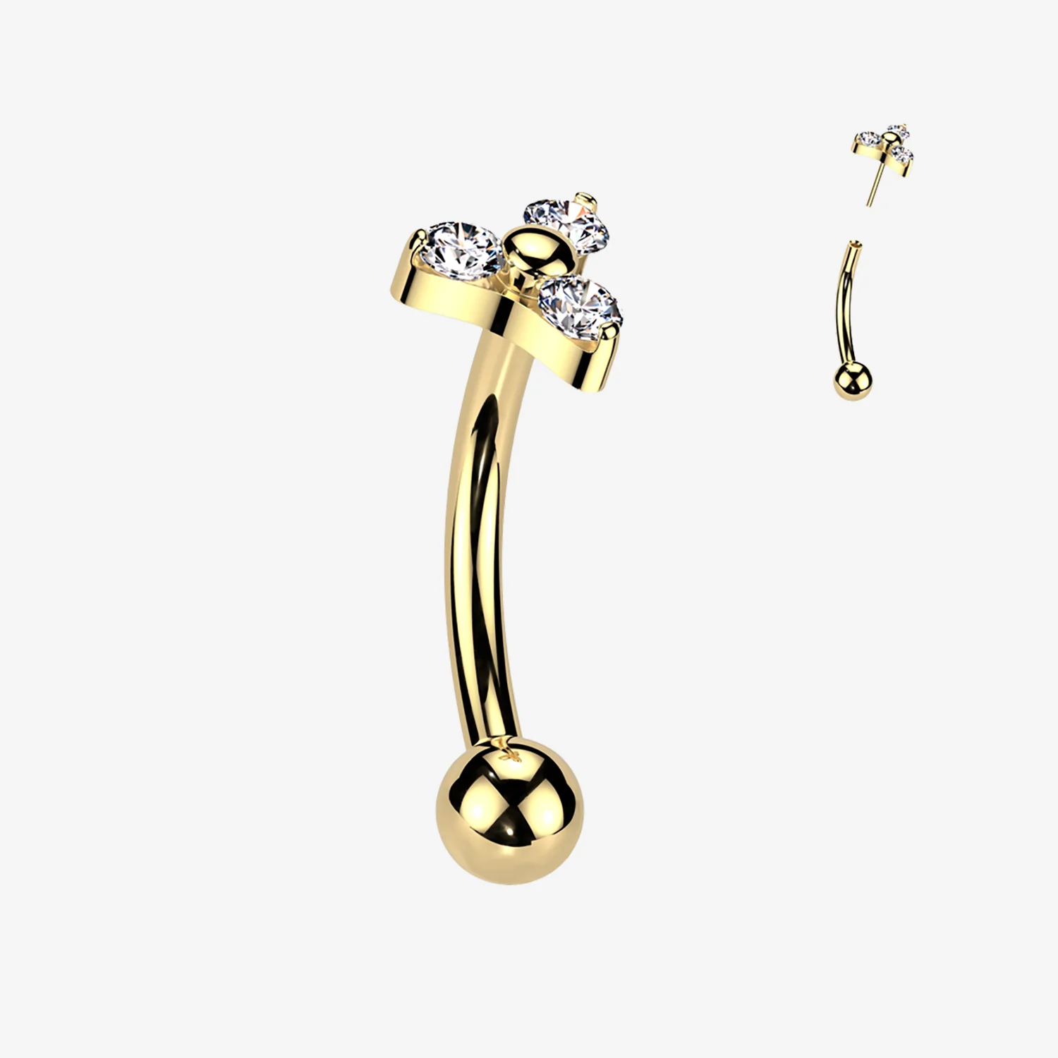 Implant Grade Titanium OneFit Threadless Golden Trinity Sparkle Top Curved Barbell
