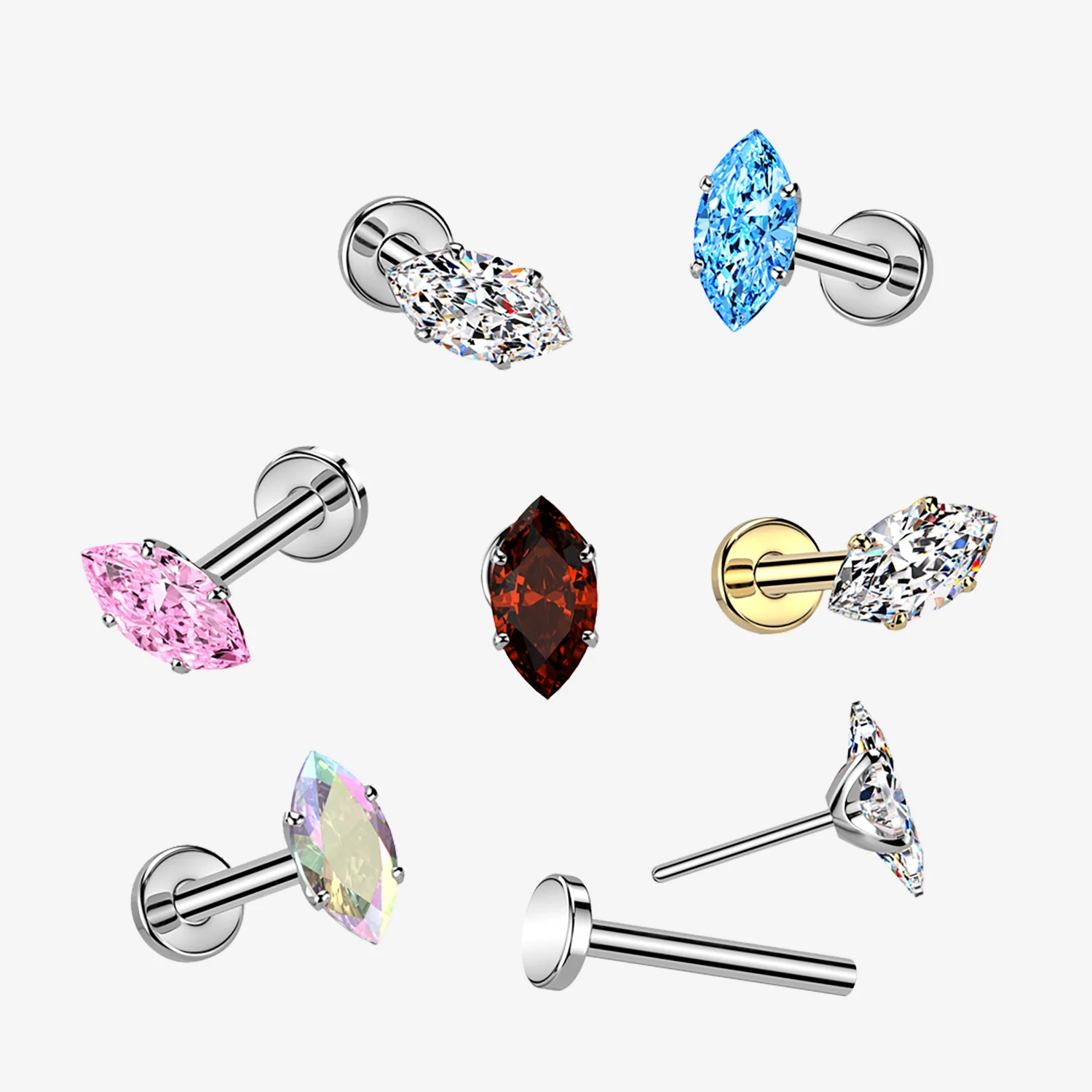 Implant Grade Titanium OneFit Threadless Marquise Gem Sparkle Top Flat Back Labret - Image 2