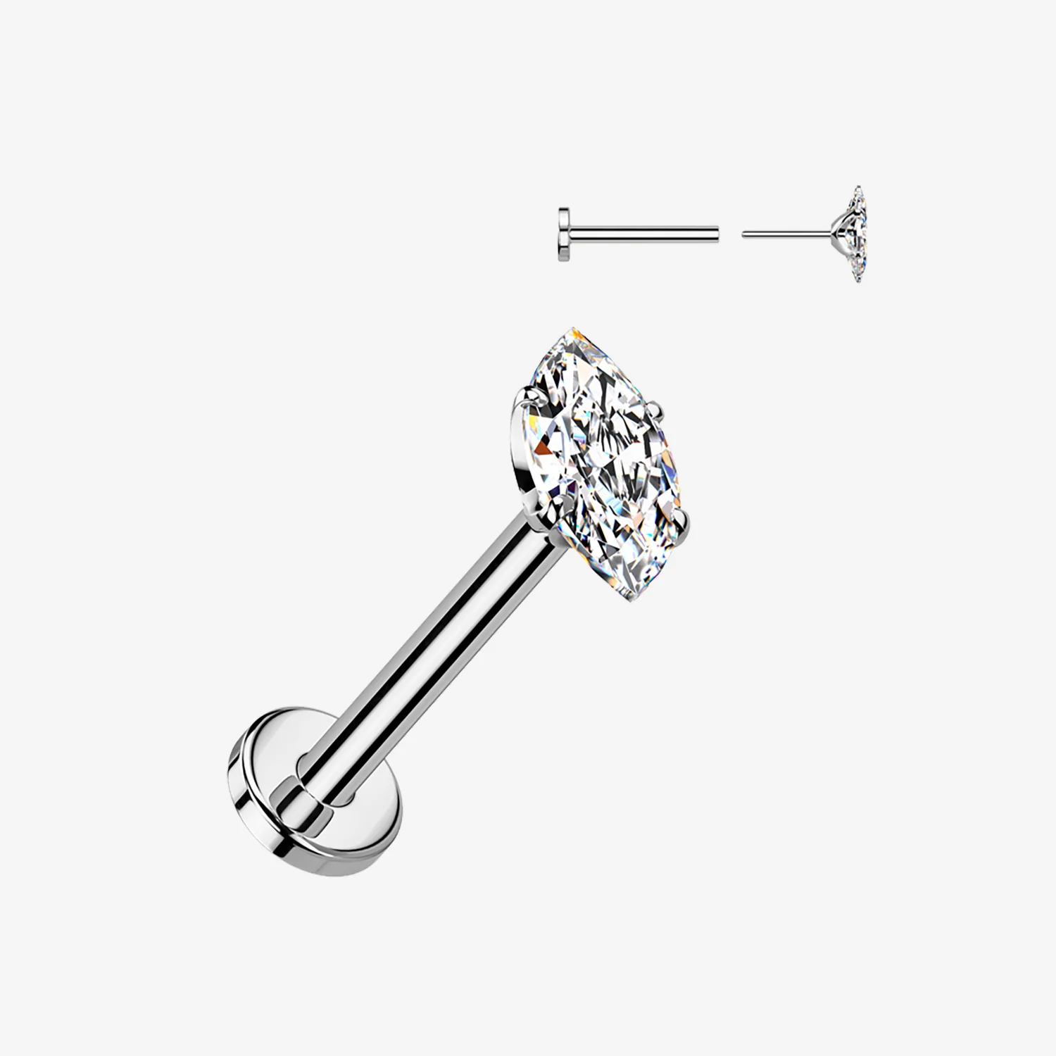 Implant Grade Titanium OneFit Threadless Marquise Gem Sparkle Top Flat Back Labret