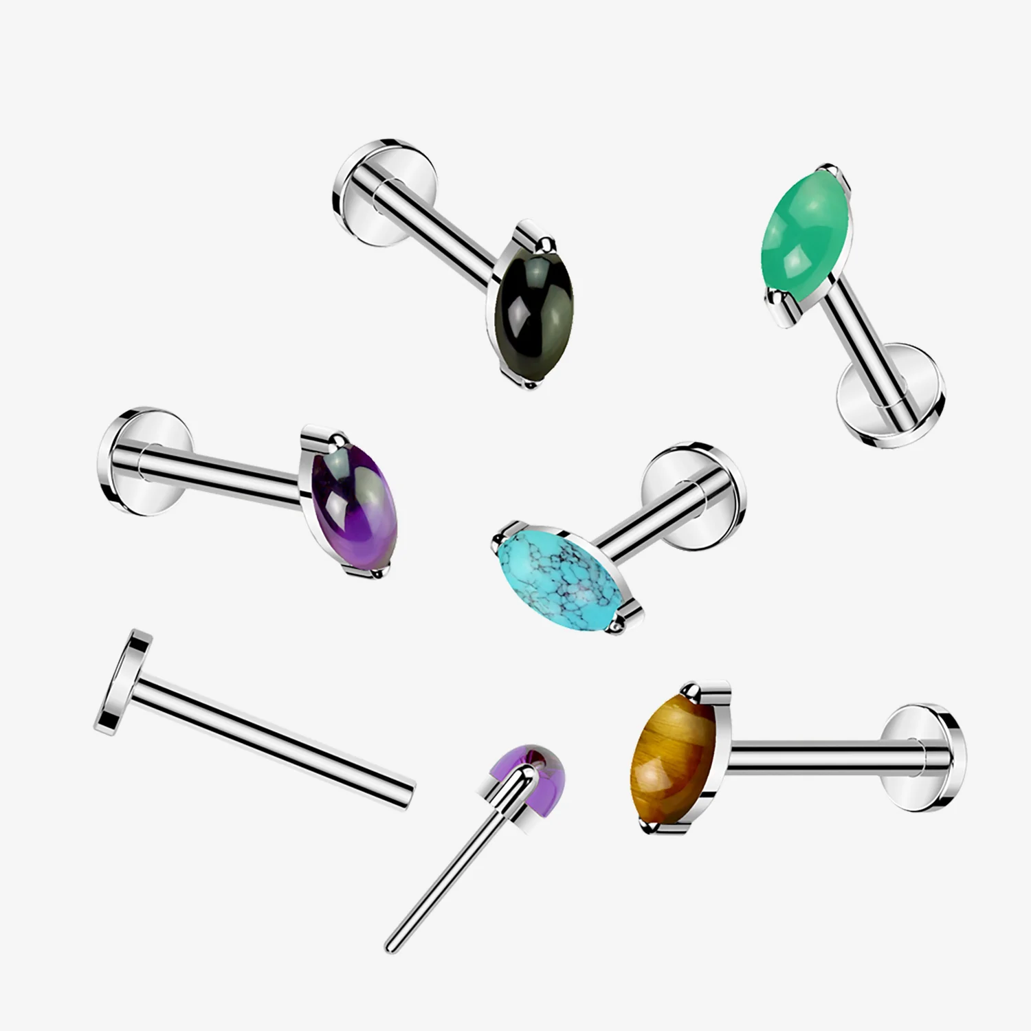 Implant Grade Titanium OneFit Threadless Marquise Jade Stone Top Flat Back Labret - Image 2