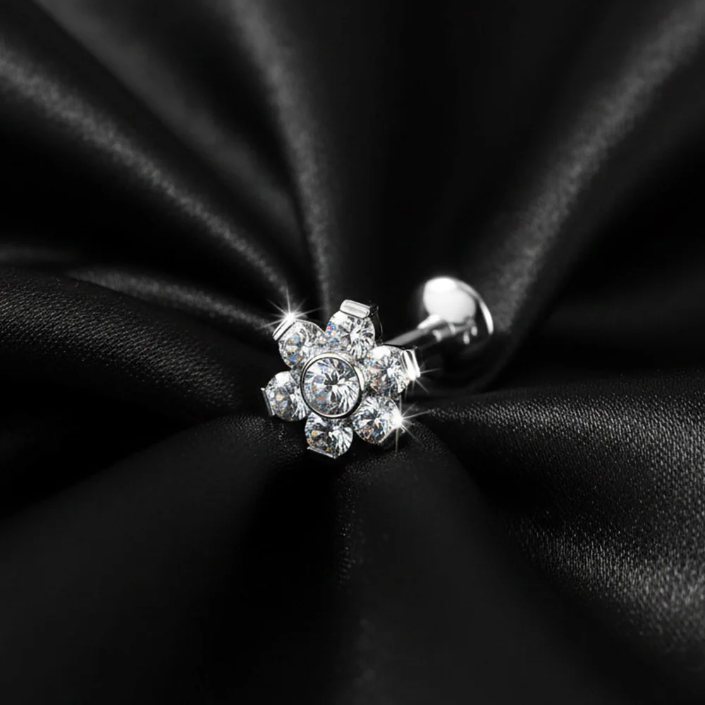 Implant Grade Titanium OneFit Threadless Moissanite Flower Sparkle Flat Back Labret Stud - Image 3