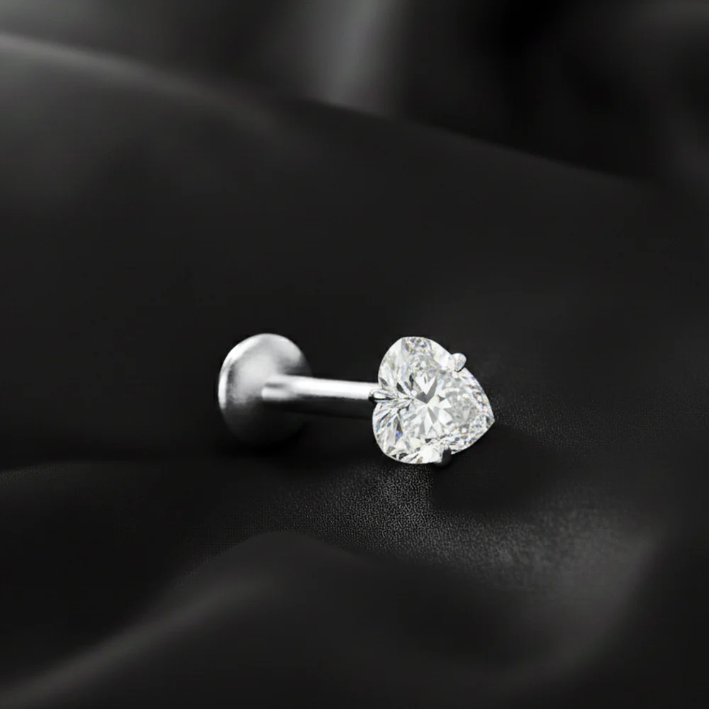 Implant Grade Titanium OneFit Threadless Moissanite Heart Sparkle Flat Back Labret Stud - Image 3