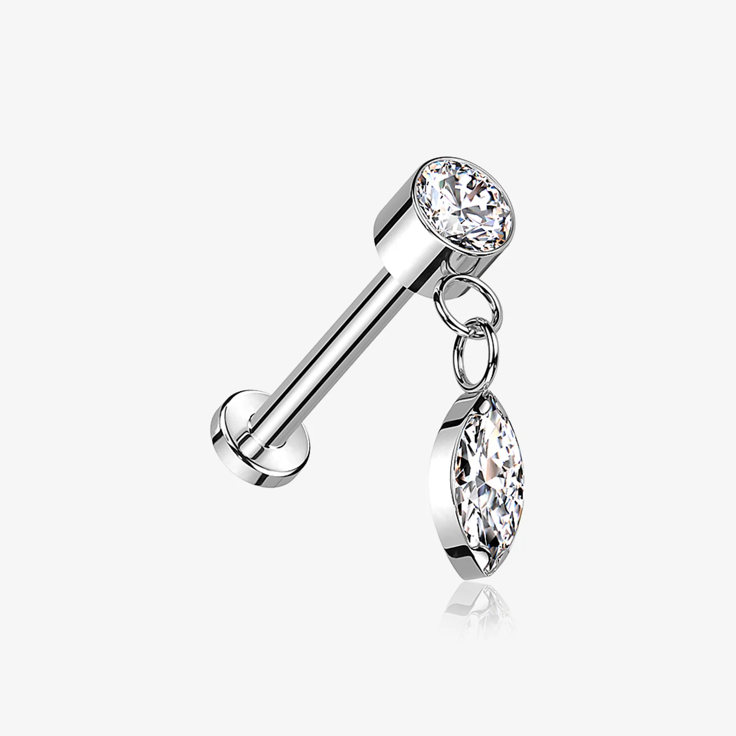 Implant Grade Titanium OneFit Threadless Sparkle Gem Marquise Dangle Flat Back Labret