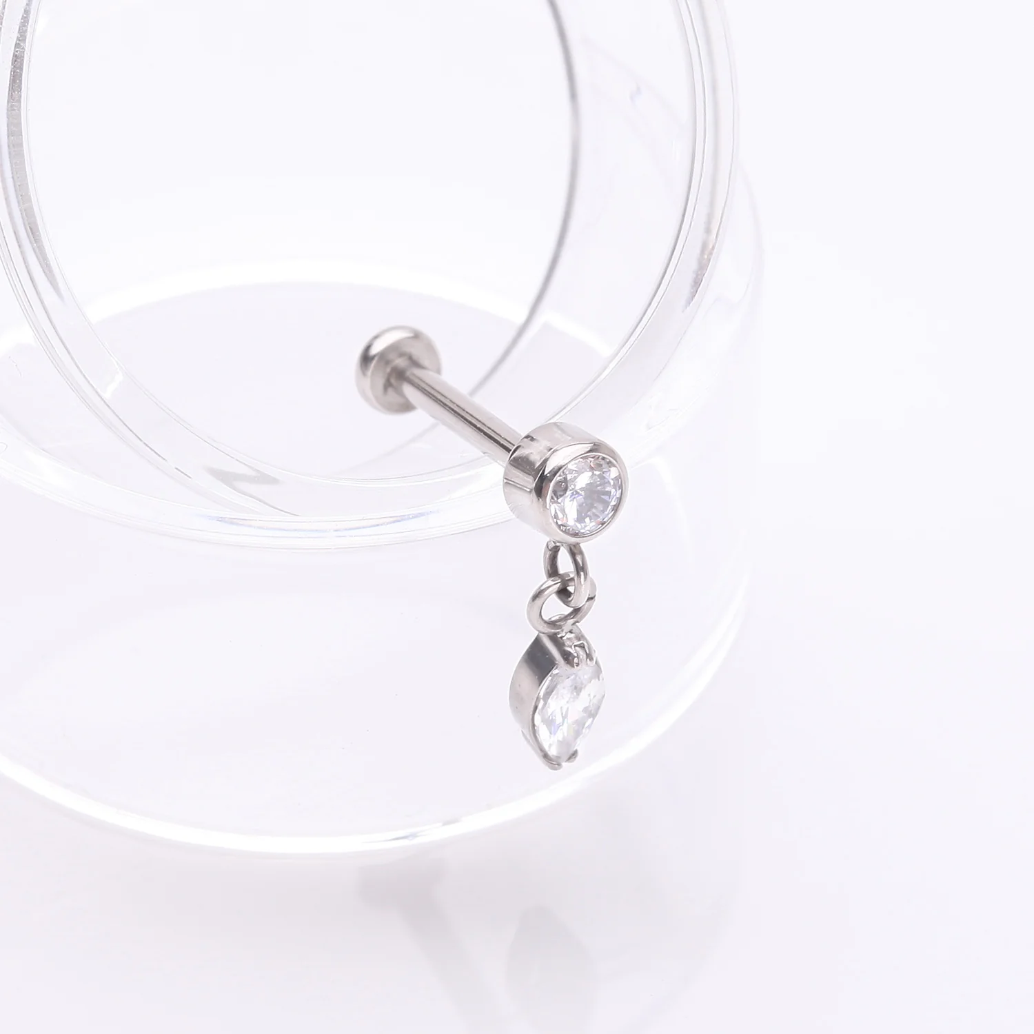 Implant Grade Titanium OneFit Threadless Sparkle Gem Marquise Dangle Flat Back Labret - Image 2