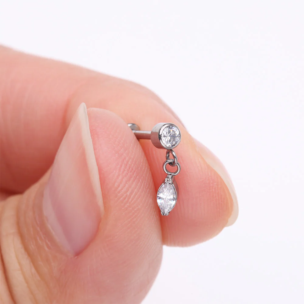 Implant Grade Titanium OneFit Threadless Sparkle Gem Marquise Dangle Flat Back Labret - Image 3