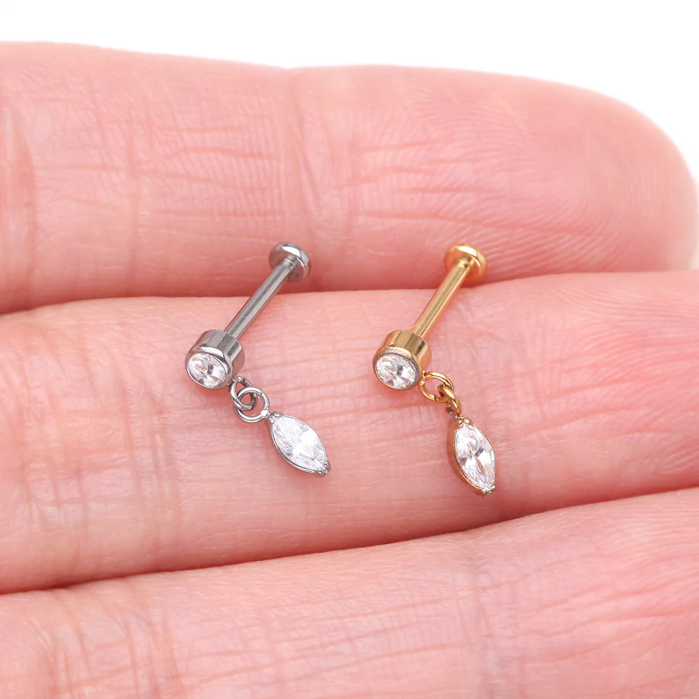 Implant Grade Titanium OneFit Threadless Sparkle Gem Marquise Dangle Flat Back Labret - Image 4