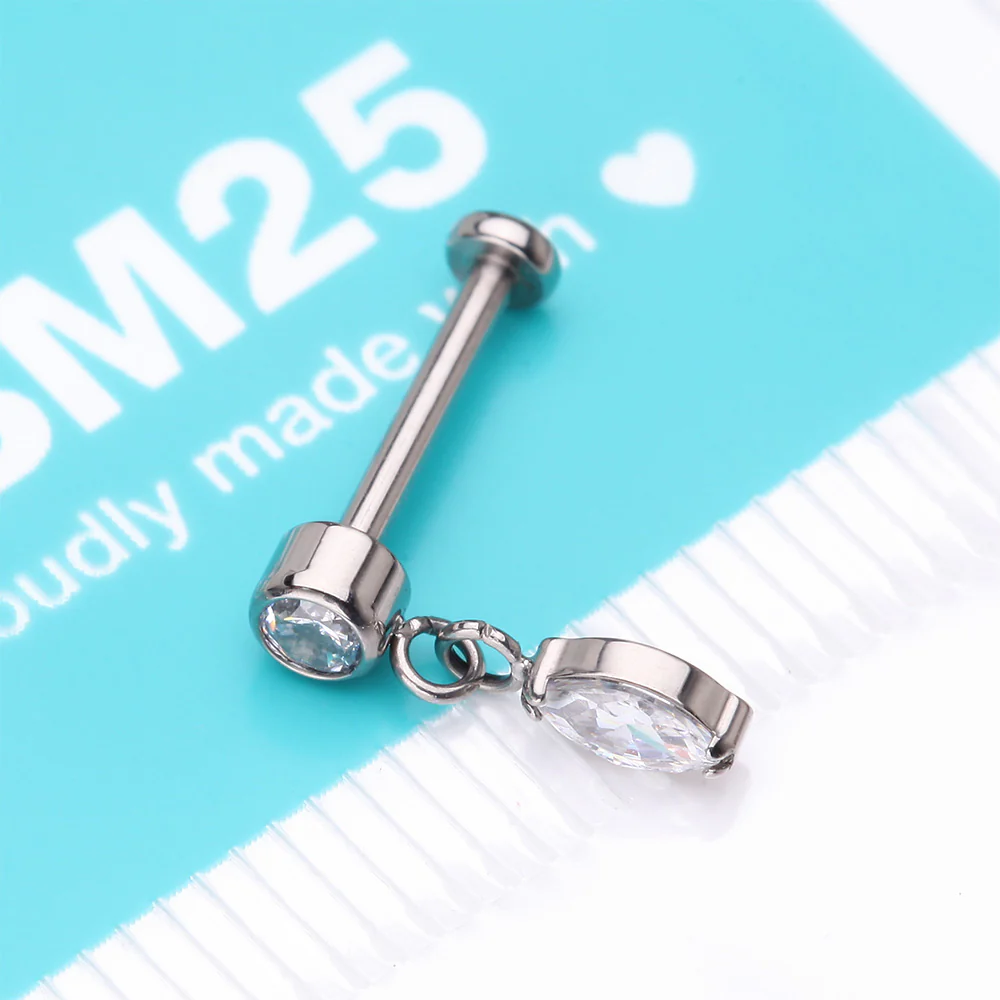 Implant Grade Titanium OneFit Threadless Sparkle Gem Marquise Dangle Flat Back Labret - Image 5