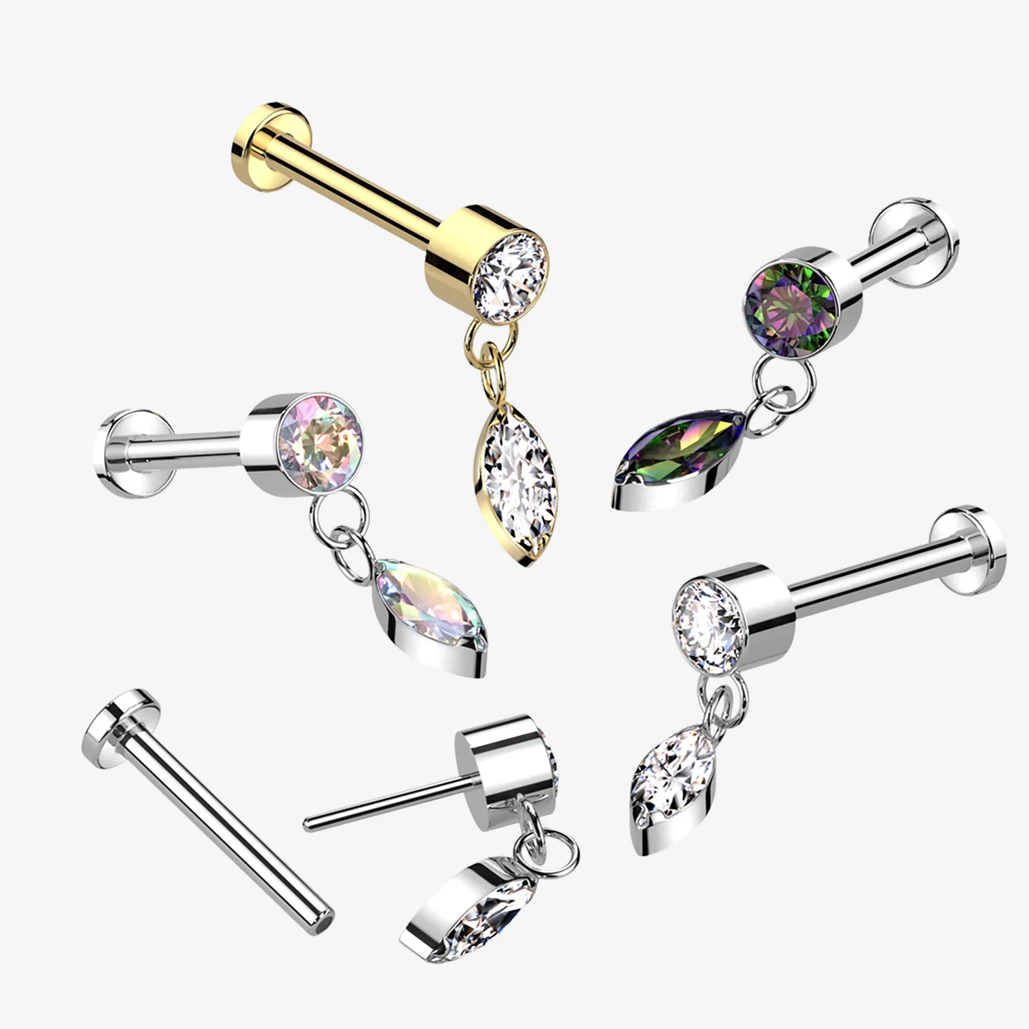 Implant Grade Titanium OneFit Threadless Sparkle Marquise Dangle Top Flat Back Labret - Image 2