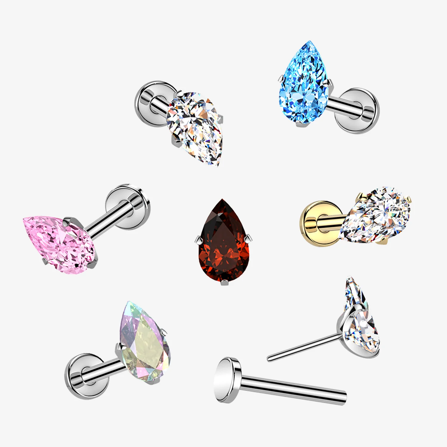 Implant Grade Titanium OneFit Threadless Teardrop Gem Sparkle Top Flat Back Labret - Image 2
