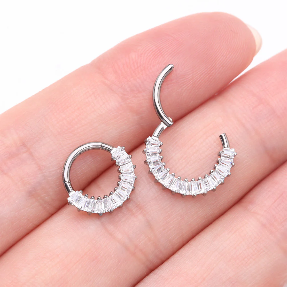 Implant Grade Titanium Pave Baguette Sparkle Clicker Hoop Ring - Image 4
