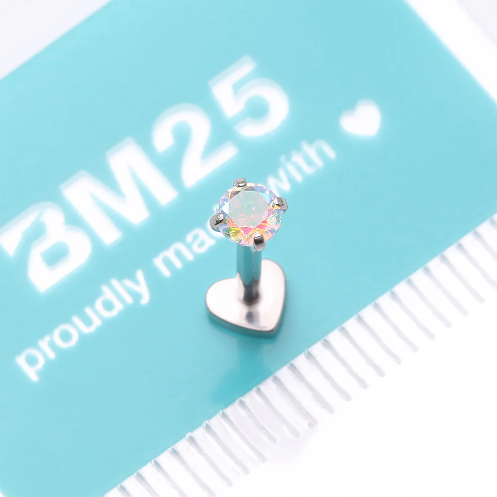 Implant Grade Titanium Prong Gem Sparkle Internally Threaded Heart Back Labret - Image 5