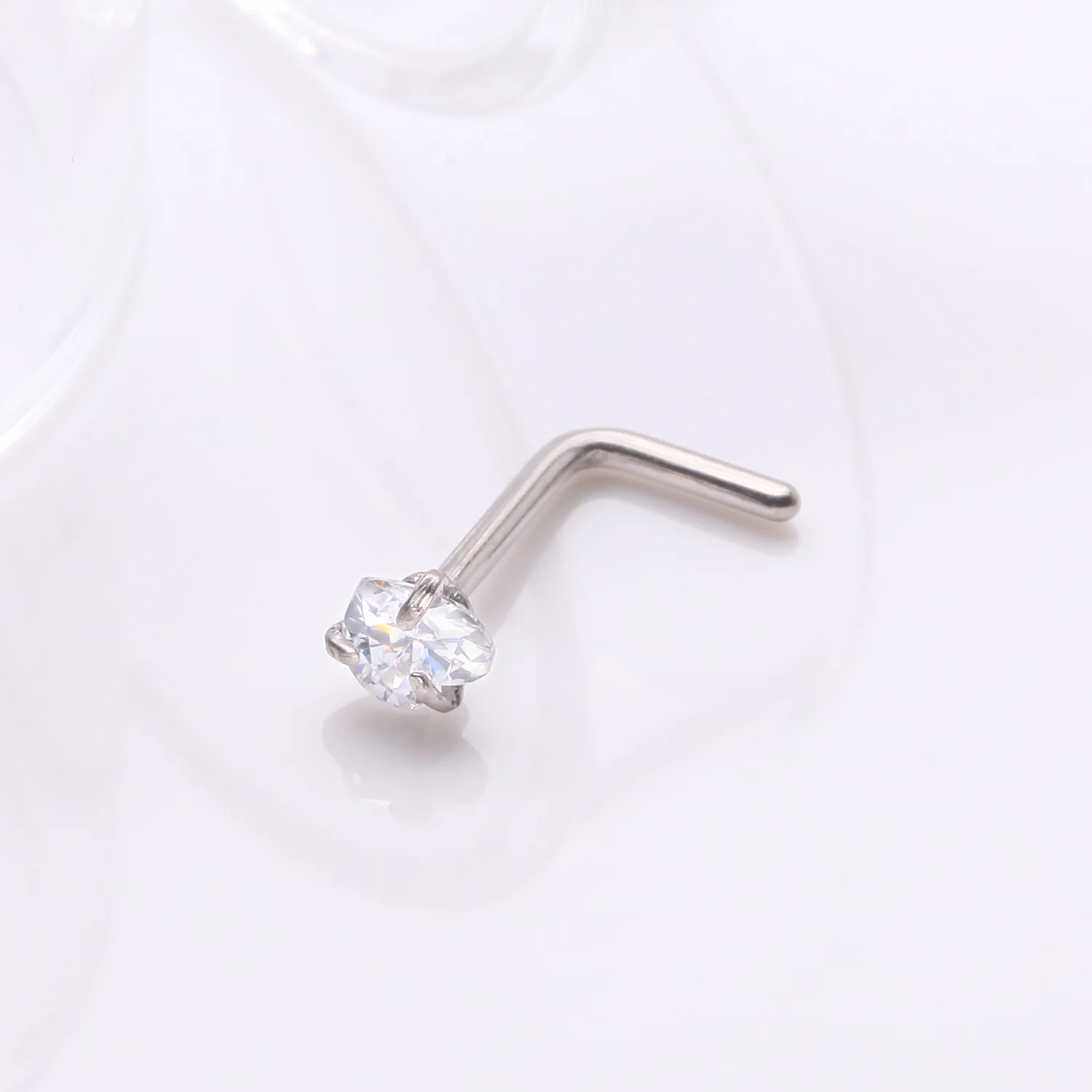 Implant Grade Titanium Prong Set Heart Gem Top L-Shaped Nose Ring - Image 2