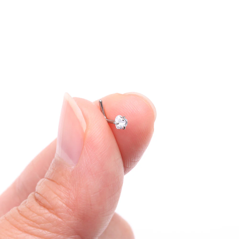 Implant Grade Titanium Prong Set Heart Gem Top L-Shaped Nose Ring - Image 3