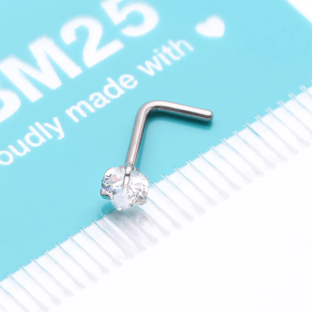 Implant Grade Titanium Prong Set Heart Gem Top L-Shaped Nose Ring - Image 4