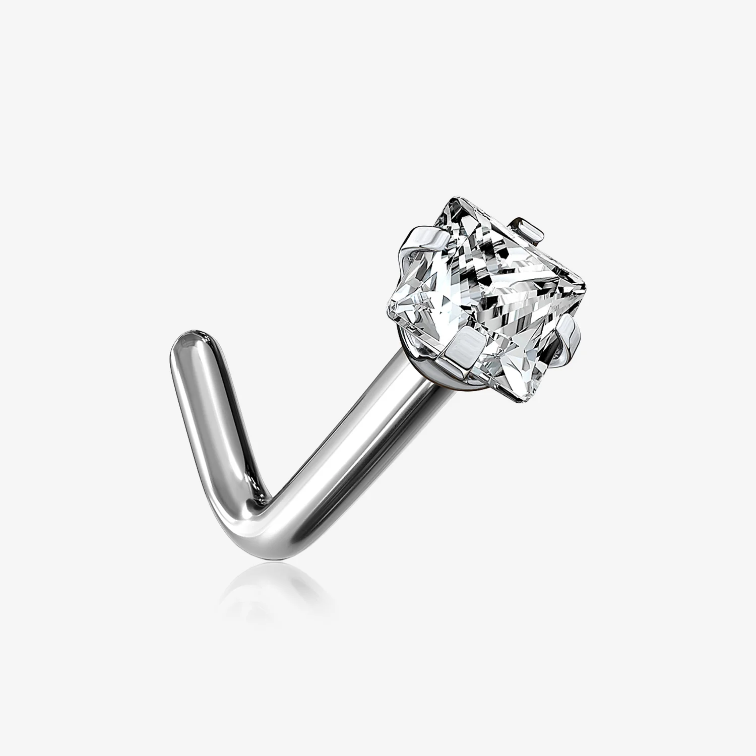 Implant Grade Titanium Prong Set Square Gem Top L-Shaped Nose Ring