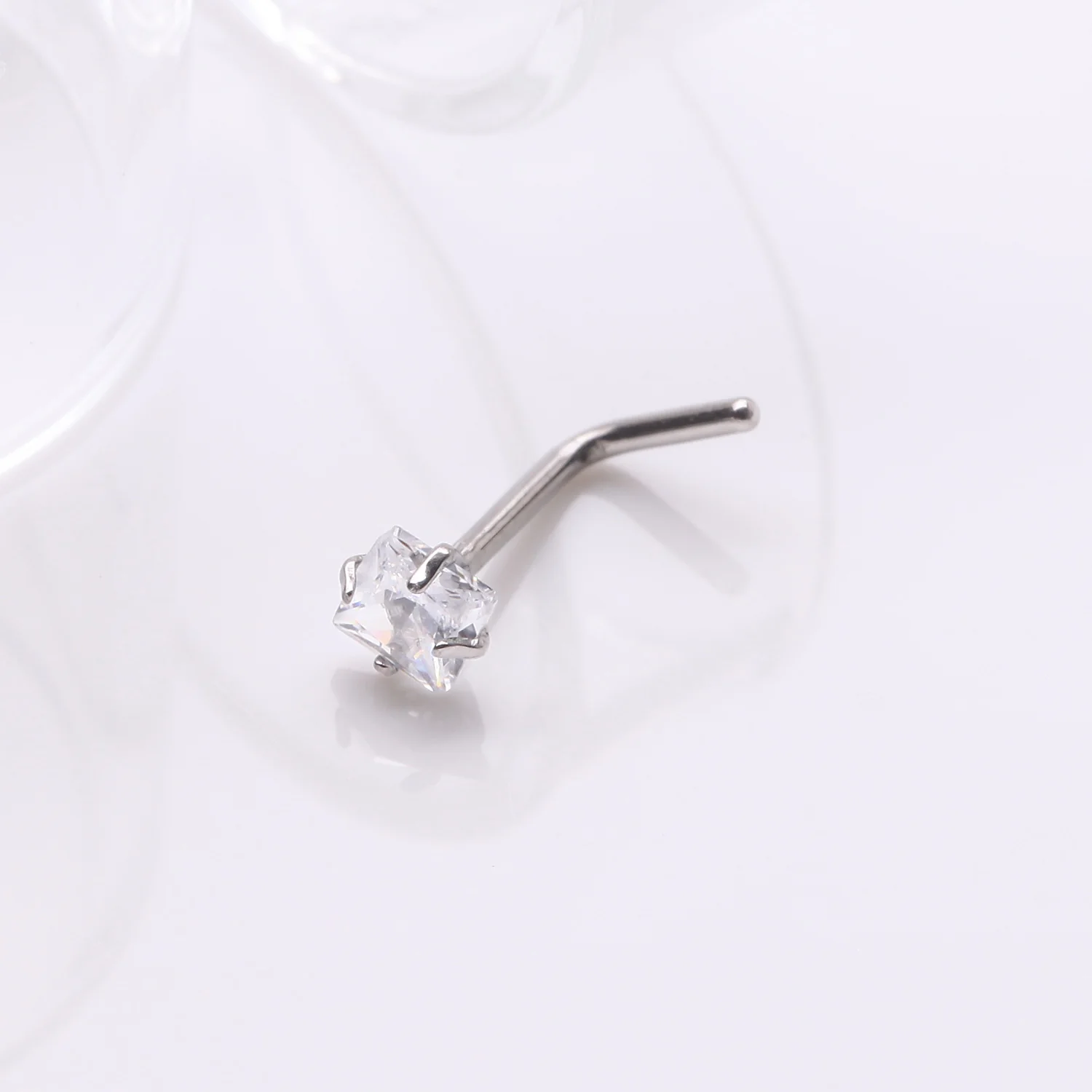 Implant Grade Titanium Prong Set Square Gem Top L-Shaped Nose Ring - Image 2