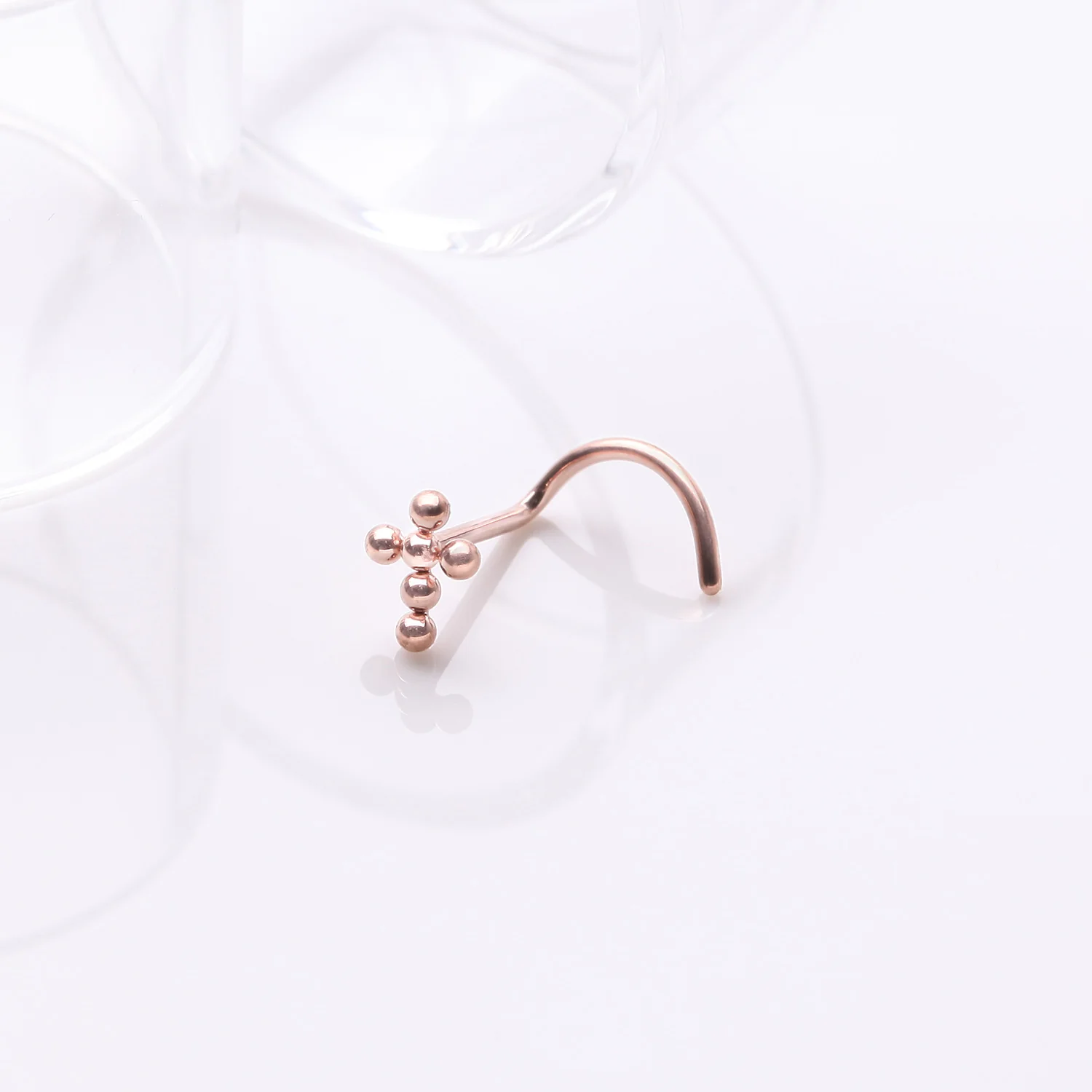 Implant Grade Titanium Rose Gold Beaded Cross Top Nose Screw Ring - Image 2