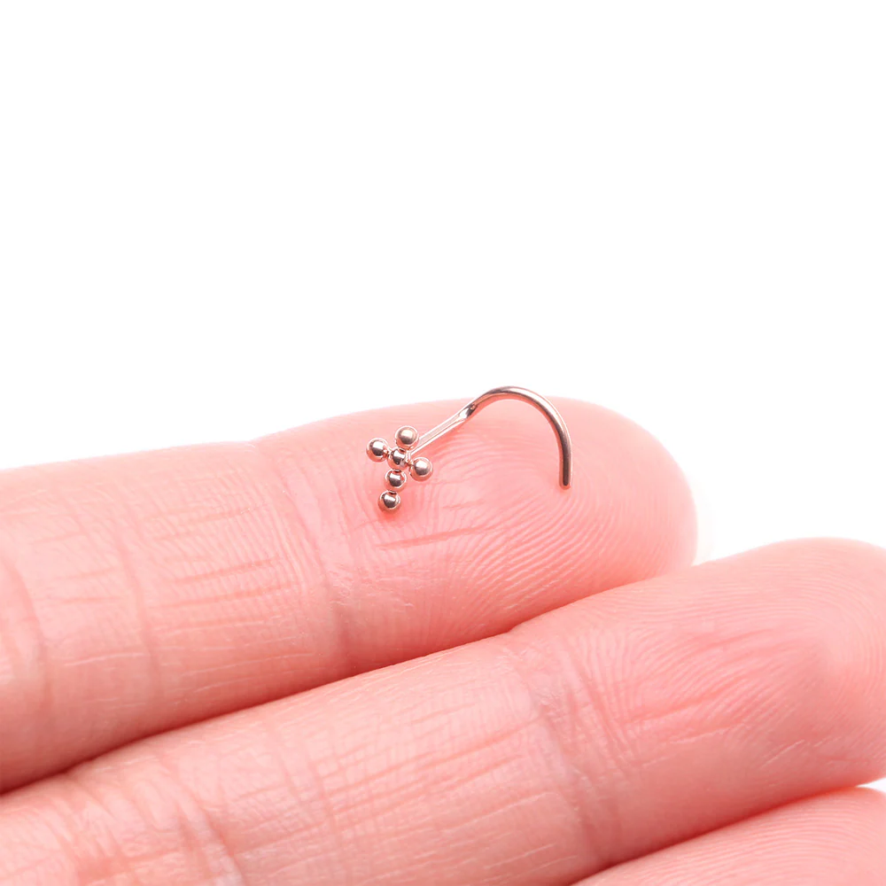 Implant Grade Titanium Rose Gold Beaded Cross Top Nose Screw Ring - Image 3