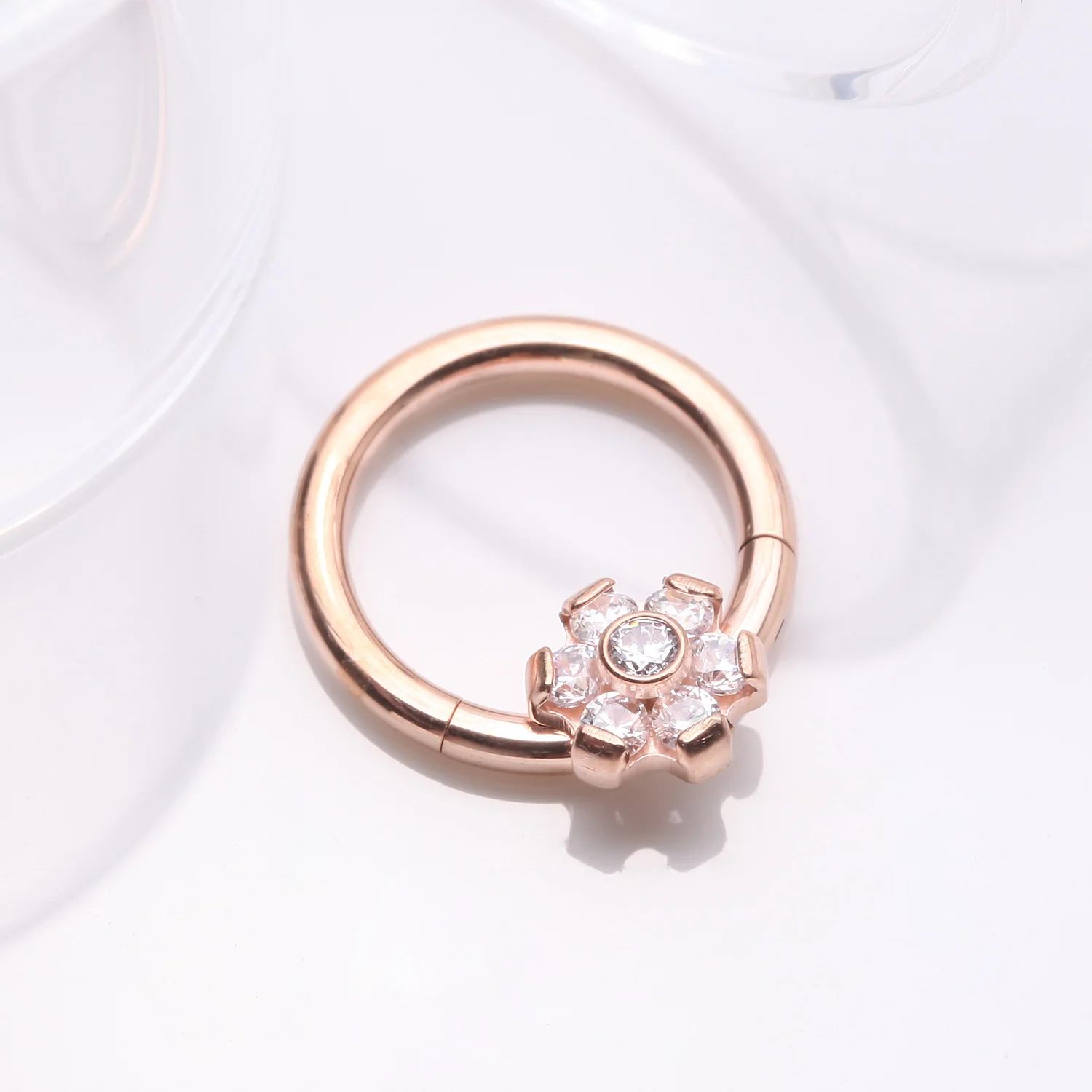 Implant Grade Titanium Rose Gold Brilliant Flower Sparkle Clicker Hoop Ring - Image 2