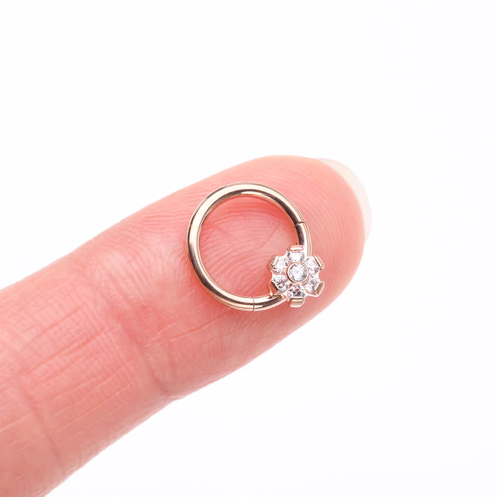 Implant Grade Titanium Rose Gold Brilliant Flower Sparkle Clicker Hoop Ring - Image 3