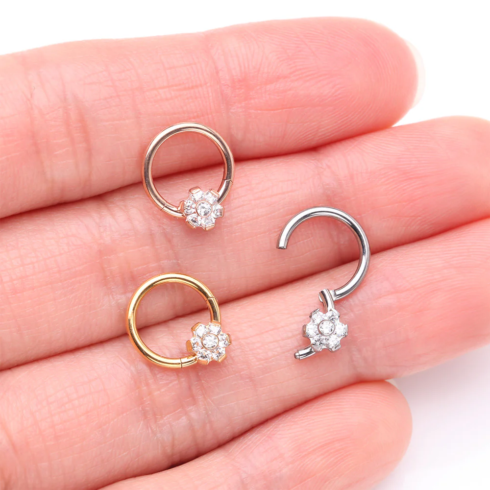 Implant Grade Titanium Rose Gold Brilliant Flower Sparkle Clicker Hoop Ring - Image 4