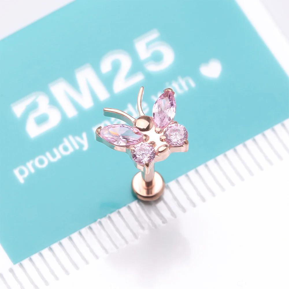 Implant Grade Titanium Rose Gold Butterfly Sparkle Internally Threaded Flat Back Stud Labret - Image 5