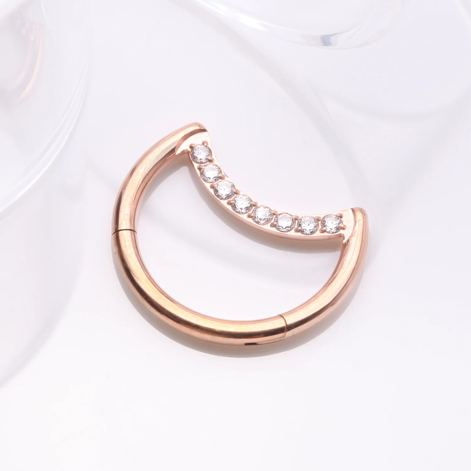 Implant Grade Titanium Rose Gold Crescent Moon Sparkle Clicker Hoop Ring - Image 2