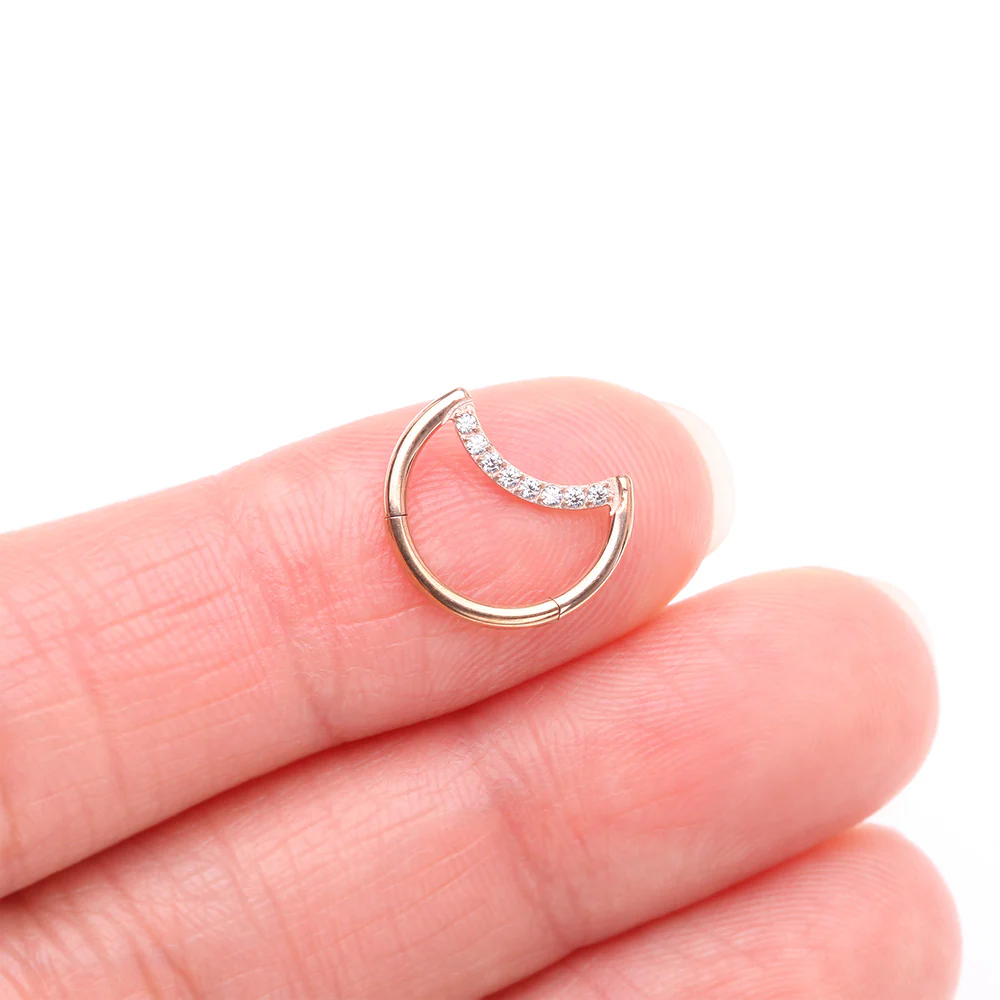 Implant Grade Titanium Rose Gold Crescent Moon Sparkle Clicker Hoop Ring - Image 3