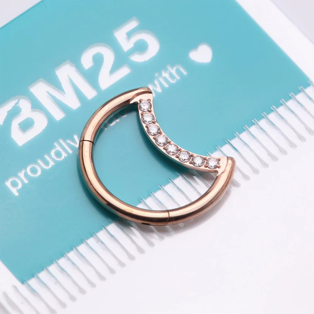 Implant Grade Titanium Rose Gold Crescent Moon Sparkle Clicker Hoop Ring - Image 5