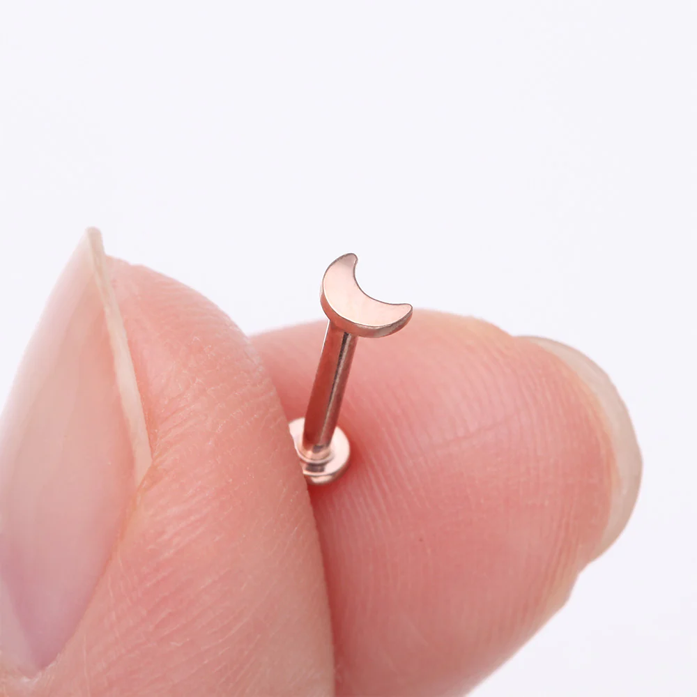 Implant Grade Titanium Rose Gold Crescent Moon Top Internally Threaded Flat Back Stud Labret - Image 3