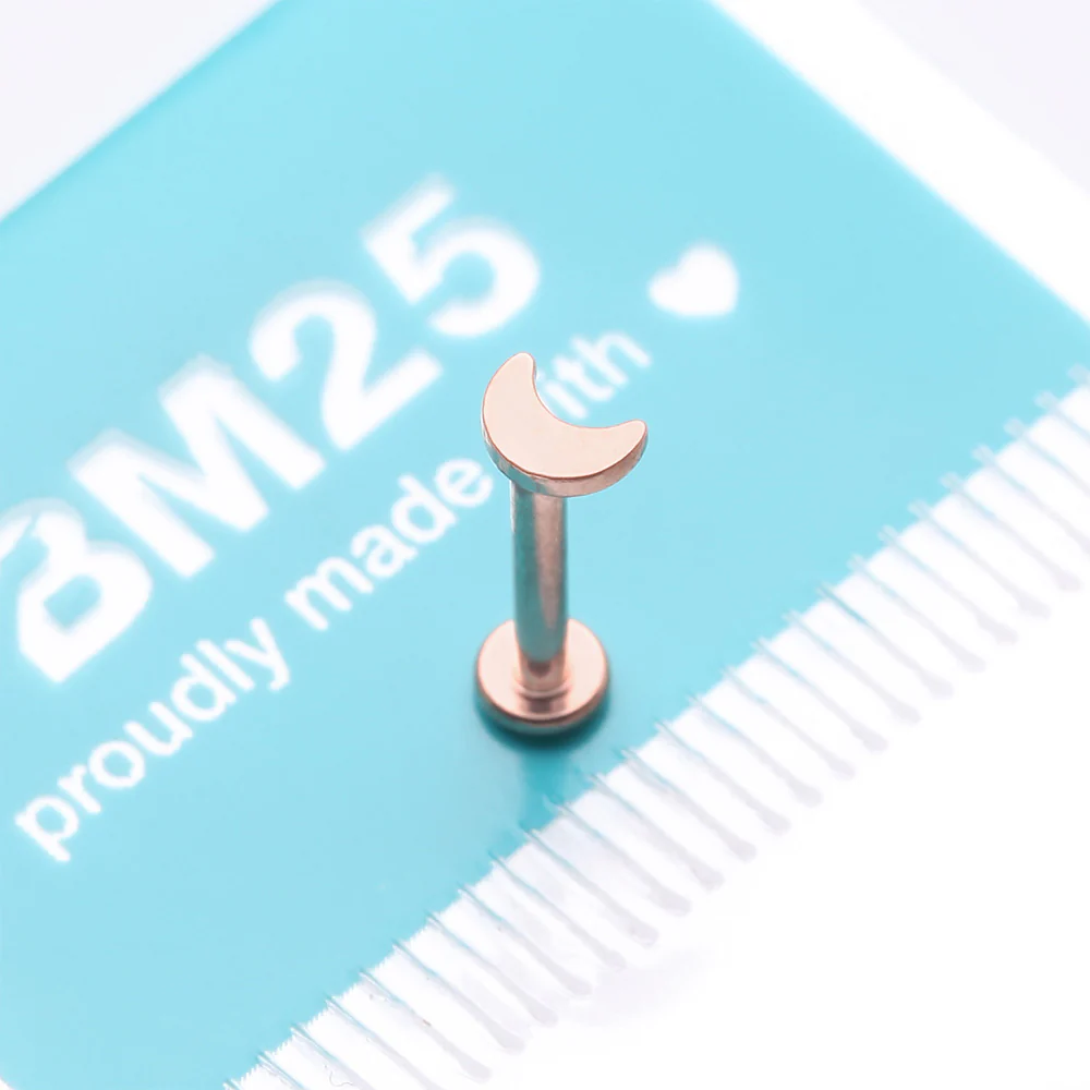 Implant Grade Titanium Rose Gold Crescent Moon Top Internally Threaded Flat Back Stud Labret - Image 4