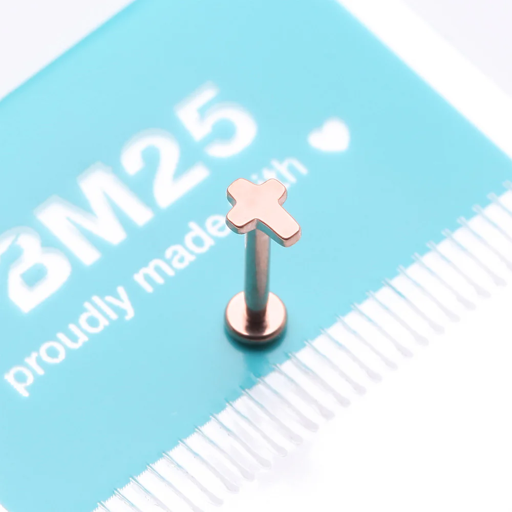 Implant Grade Titanium Rose Gold Cross Top Internally Threaded Flat Back Stud Labret - Image 4