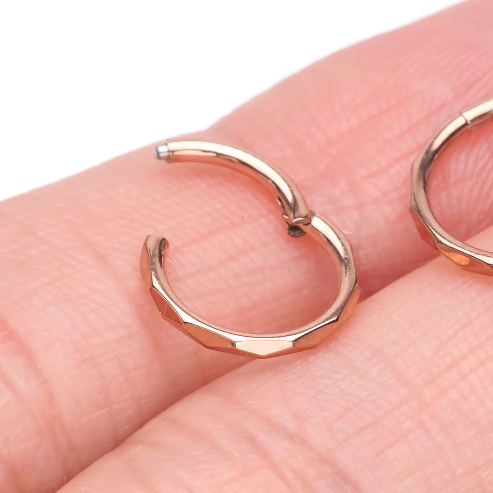 Implant Grade Titanium Rose Gold Diamond Cut Faceted Seamless Clicker Hoop Ring - Image 4