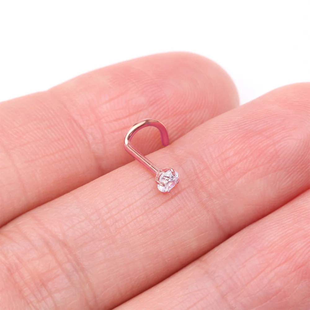 Implant Grade Titanium Rose Gold Gem Sparkle Prong Set Top Nose Screw Ring - Image 3