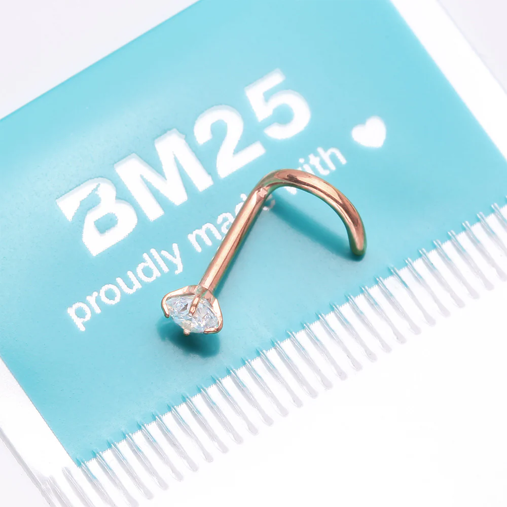 Implant Grade Titanium Rose Gold Gem Sparkle Prong Set Top Nose Screw Ring - Image 4