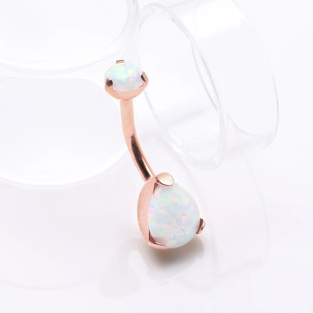 Implant Grade Titanium Rose Gold Internally Threaded Teardrop Opal Prong Belly Button Ring - Image 3