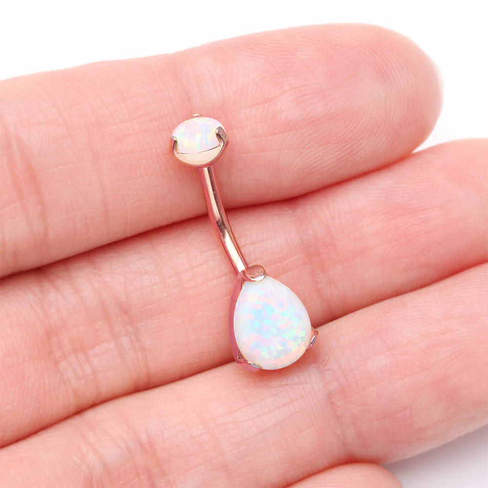 Implant Grade Titanium Rose Gold Internally Threaded Teardrop Opal Prong Belly Button Ring - Image 4