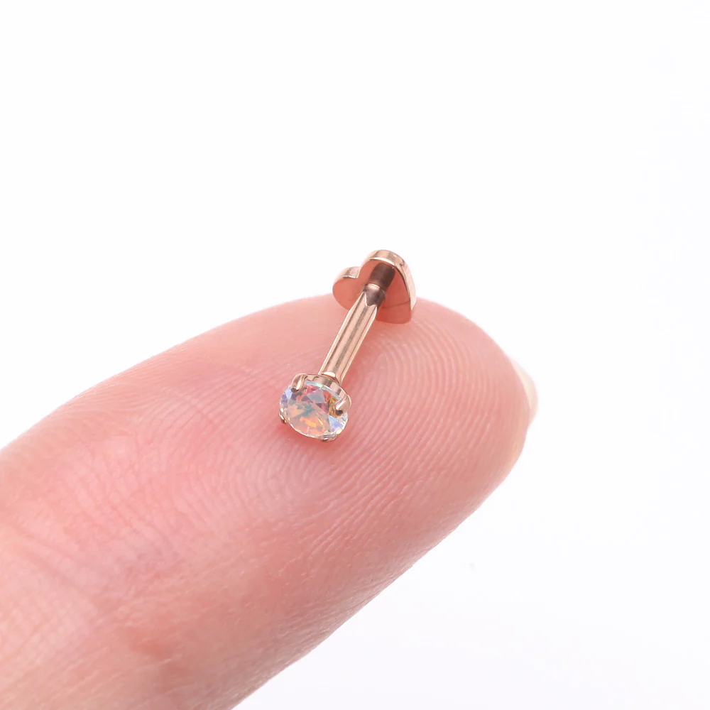 Implant Grade Titanium Rose Gold Prong Gem Sparkle Internally Threaded Heart Back Labret - Image 3
