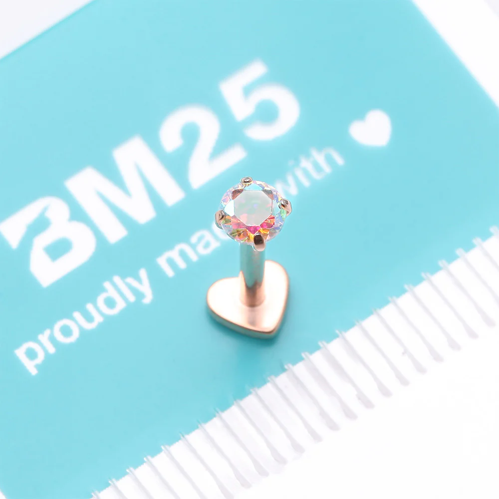 Implant Grade Titanium Rose Gold Prong Gem Sparkle Internally Threaded Heart Back Labret - Image 5